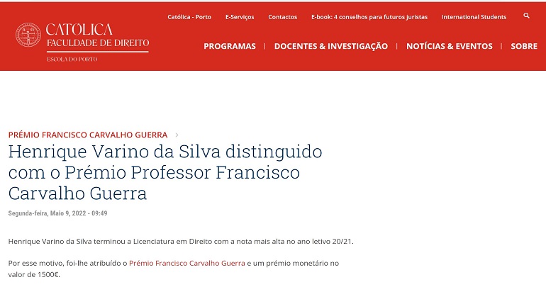 Distinção e atribuição de prémio